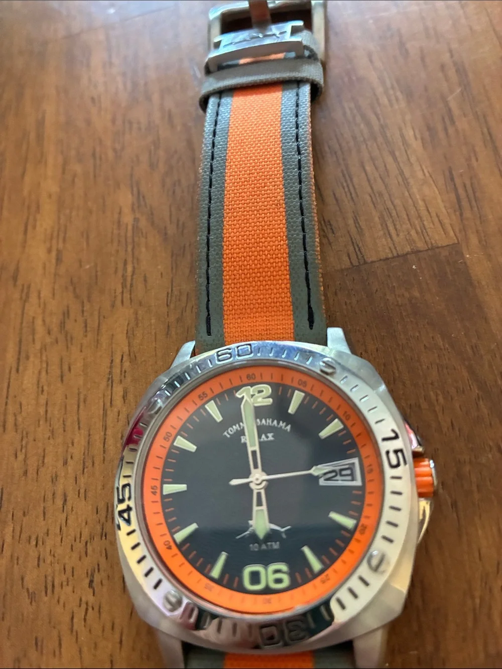 Tommy BAHAMA Orange and Gray Sport Watch with Canvas Strap. Water resistant